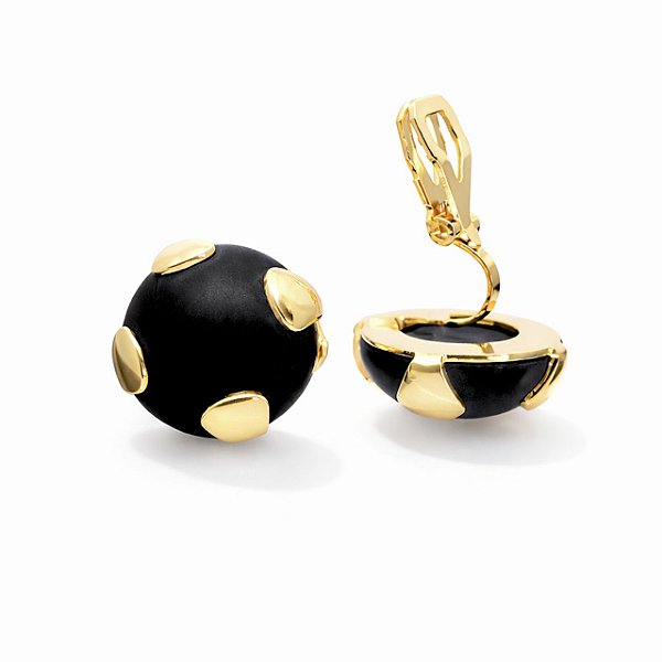 Brinco de Pressão BP Esfera Resina Preta com Detalhes em Ouro 18K | 1,50 x 1,50 cm | Clipe Confortável