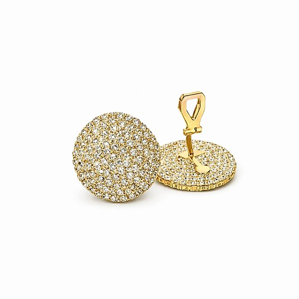 Brinco de Pressão Redondo com Cristais | Banhado a Ouro 18K | Clipe Ômega Francês com Almofadinha | 2,00 x 2,00 cm