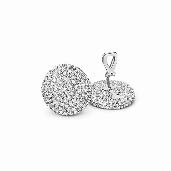 Brinco de Pressão Redondo com Cristais | Banho Ródio Branco | Clipe Ômega Francês com Almofadinha | 2,00 x 2,00 cm