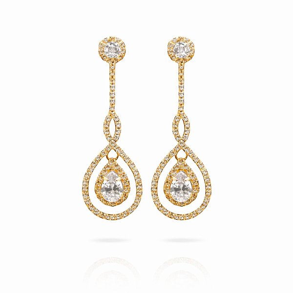 Brinco de Pressão Gota Dupla com Cristais e Zircônias | Banho Ouro 18K | 6,00 x 2,00 cm
