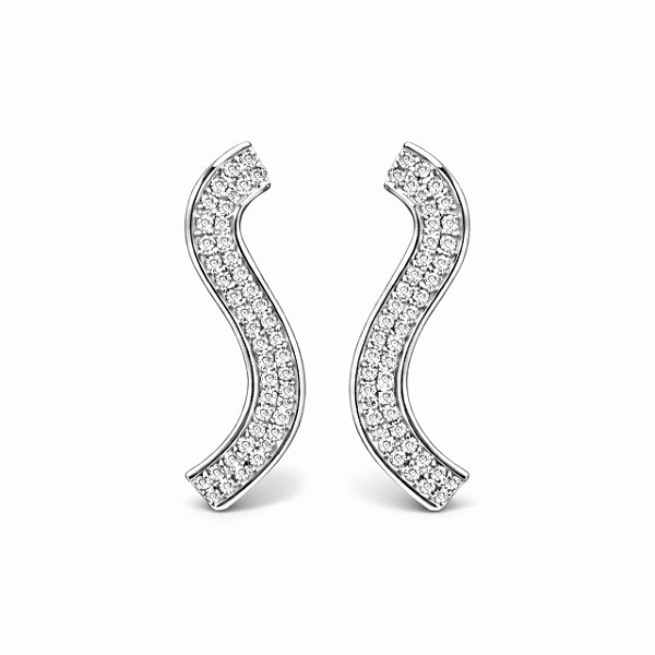 Brinco de Pressão Statement Curve com Microzircônias | Banho Ródio Branco | Clipe Ômega Francês | 5,00 x 0,50 cm