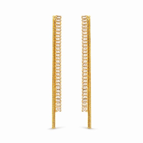 Brinco de Pressão Corrente Riviera com Zircônias e Rabo de Rato | Banho Ouro 18K | Clipe Ômega Francês | 8,50 cm