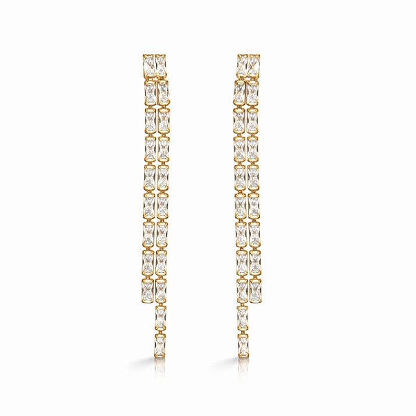 Brinco de Pressão Duas Correntes Riviera em Zircônias Retangulares | Banho Ouro 18K | Clipe Ômega Francês | 7 cm