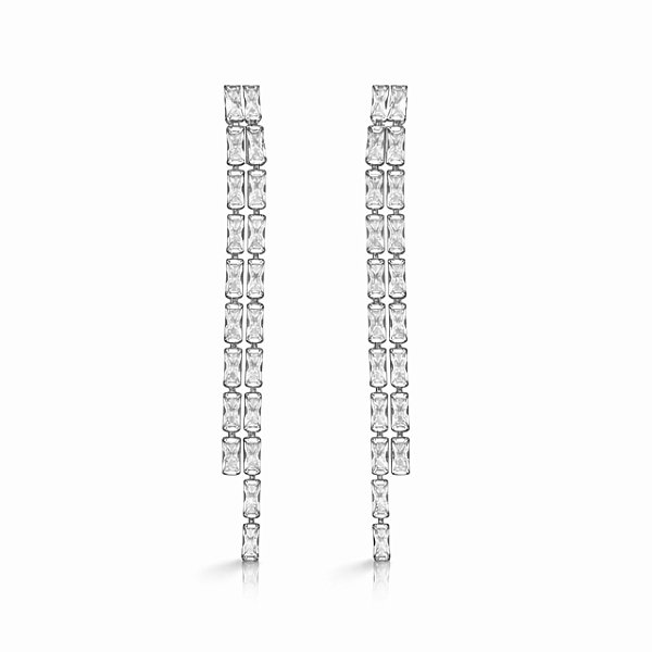 Brinco de Pressão Duas Correntes Riviera com Zircônias Retangulares | Banho Ródio Branco | Clipe Ômega Francês | 7 cm