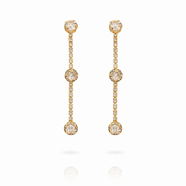 Brinco de Pressão com Corrente de Cristais e Três Zircônias Redondas | Banho Ouro 18K | Clipe Ômega Francês | 5 cm