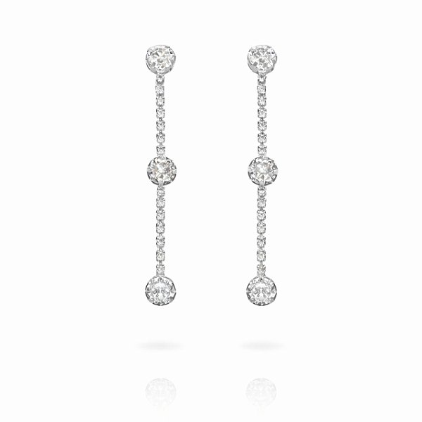 Brinco de Pressão com Corrente de Cristais e Três Zircônias Redondas | Banho Ródio Branco | Clipe Ômega Francês | 5 cm