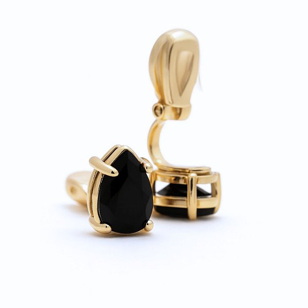 Brinco de Pressão Solitário com Zircônia Preta | Banho Ouro 18K | Clipe Confortável | 1,00 x 1,00 cm