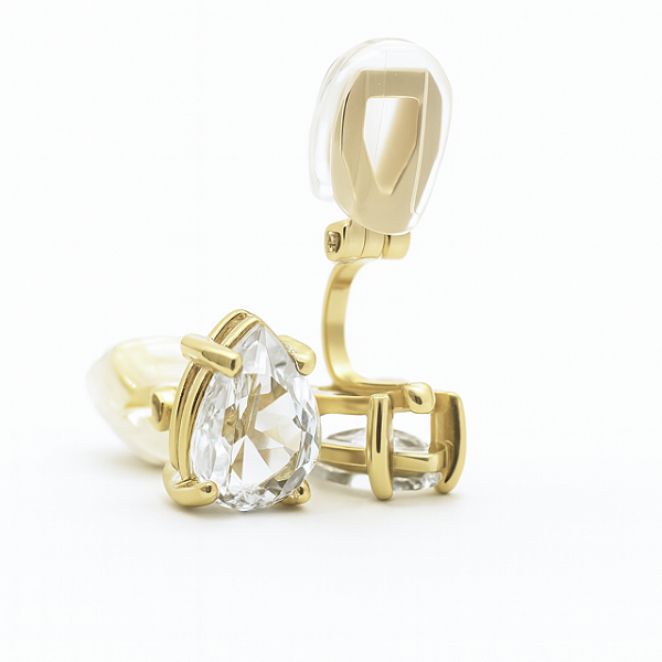 Brinco de Pressão Base Fixa com Pedra de Zircônia Cristal em Formato de Gota - Elegância Deslumbrante - Banho Ouro 18K