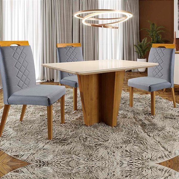 Conjunto Sala de Jantar Xis Tauari 1,20m com 4 cadeiras Veneza Imperial Veludo Cinza