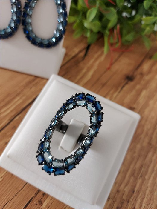 Anel azul oval ródio negro n.º 16