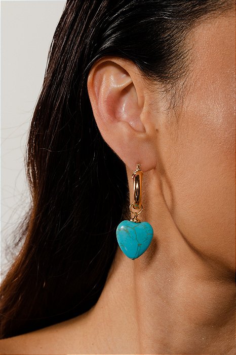 Brinco argola coração turquesa