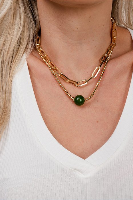 Colar esfera jade esmeralda 46cm