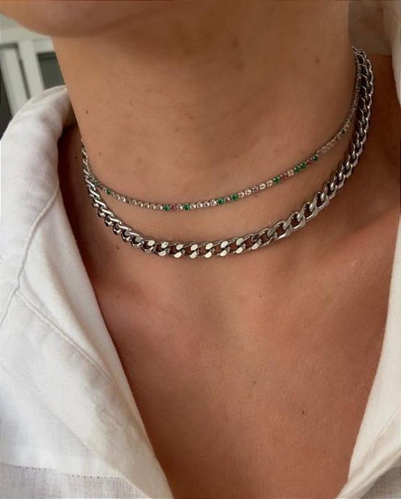 Colar de elo achatado ródio claro