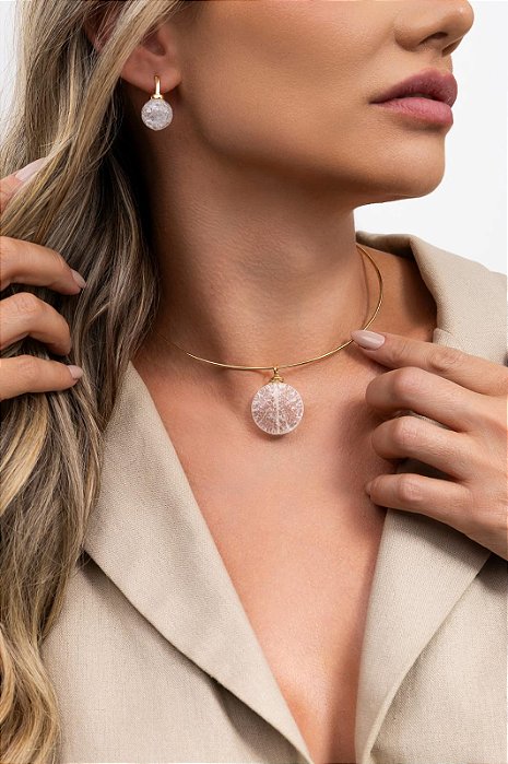 Conjunto colar aro e quartz craquelado polido
