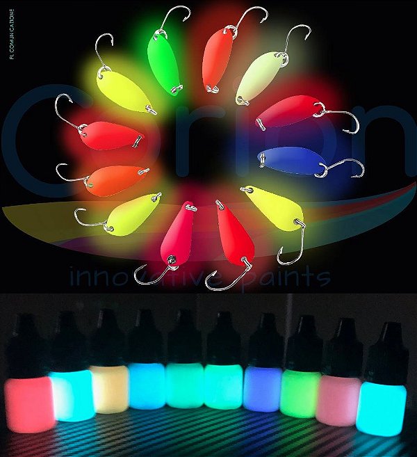 Isca Glow: Tinta Glow Corion Fosforescente 5ml c/ Aplicador. Diversas Cores. Brilha no Escuro sem Luz Negra