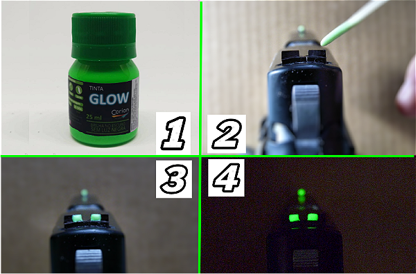 Kit Tinta Fotoluminescente Brilha no Escuro sem Luz Negra - Profissional Corion Led Cell 5ml c/ aplicador 2 cores p/a Alça Maça de Mira. Cores a Escolher