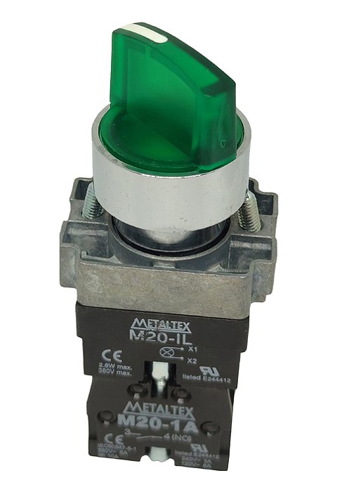 M20ICR2-G-1A CHAVE SELETORA METÁLICA ILUMINADA KNOB CURTO 2 POS. FIXAS 90º VERDE 220V 1NA I23354 METALTEX