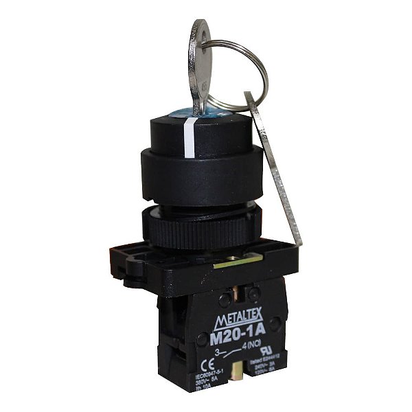 P20KNR2-B-1A SELETORA COM CHAVE 22MM PLÁSTICO 2 POSIÇÕES FIXAS 90 GRAUS 1NA I23300 METALTEX