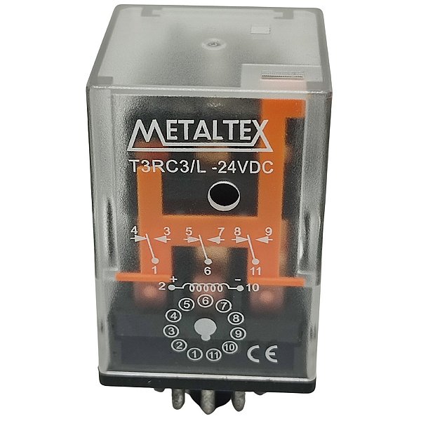 T3RC3/L RELÉ 3 REVERSÍVEIS 24 VCC 10A 11 PINOS PLUG-IN COM INDICADOR LUMINOSO I03762 METALTEX