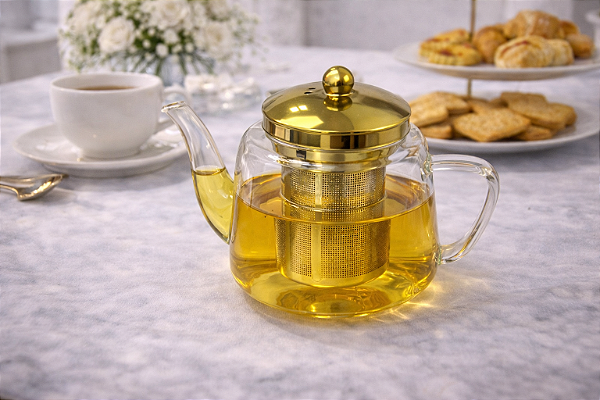 Bule de Chá Luxor Dourado em Vidro e Aço Inox com Infusor 600ml