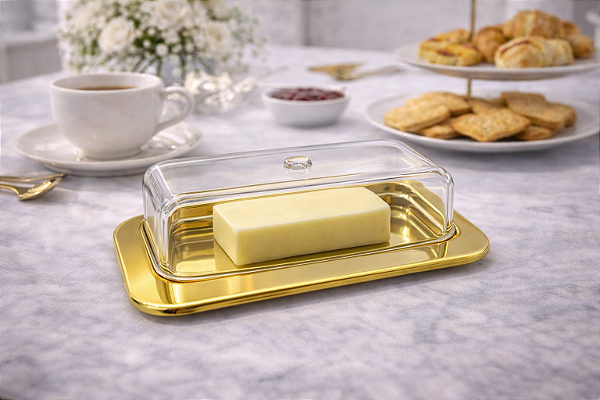 Manteigueira Luxor Dourada em Aço Inox e Acrílico com Tampa