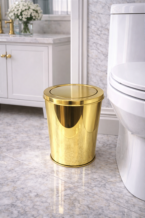 Lixeira Pandora Redonda Dourada em Aço Inox com Tampa Basculante