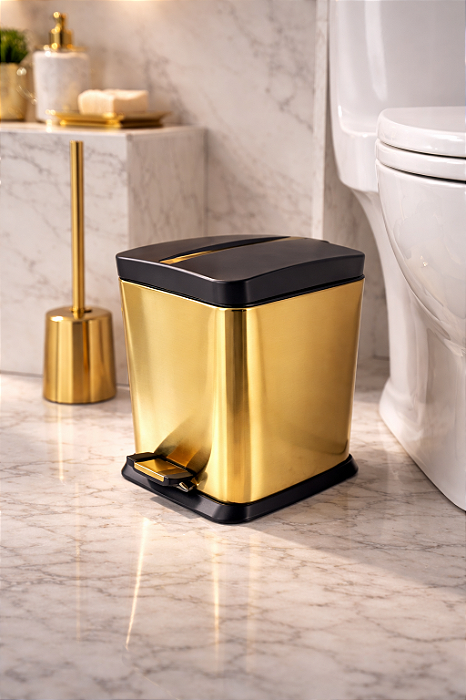 Lixeira Hera Quadrada Dourada Fosca e Preta em Aço Inox e Plástico com Pedal