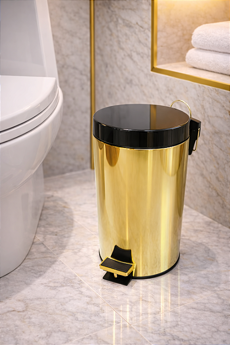 Lixeira Sasha Redonda Dourada e Preta em Aço Inox com Pedal