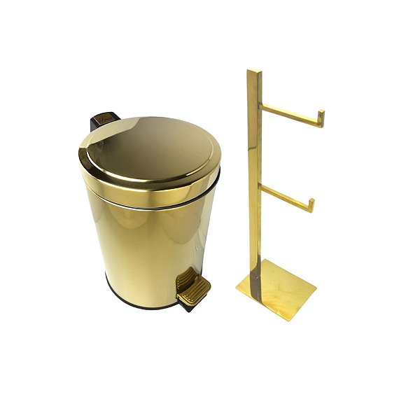 Kit Banheiro Inox Dourado Lixeira 5L e Porta Papel Higiênico de Chão Fineza