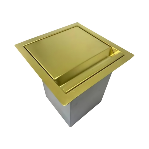 Lixeira Helena Quadrada Dourada em Aço Inox de Embutir com Tampa Articulada