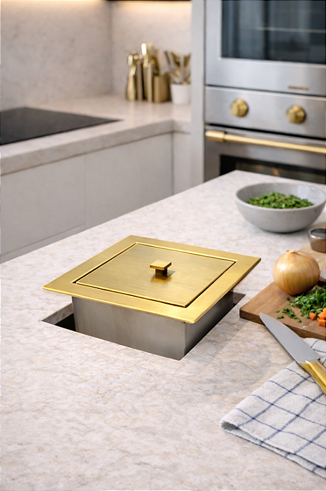 Lixeira Natália Quadrada Dourada em Aço Inox de Embutir com Tampa Pino