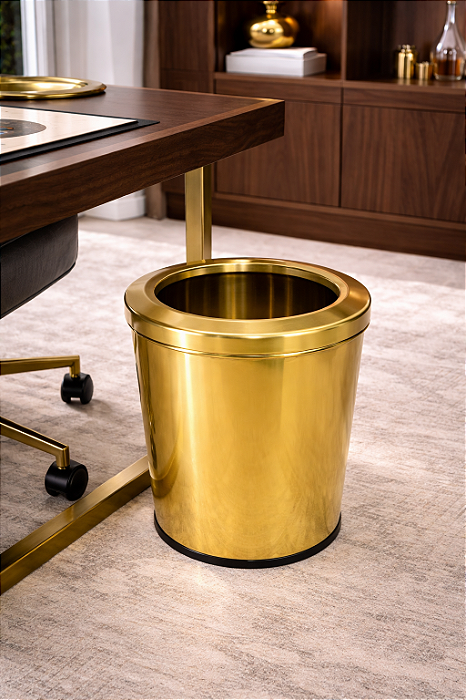 Lixeira Rafaella Redonda Dourada em Aço Inox com Tampa Aro