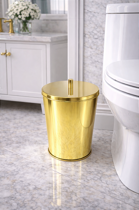 Kit Margot 2 Lixeiras Redondas Douradas em Aço Inox com Tampa Pino
