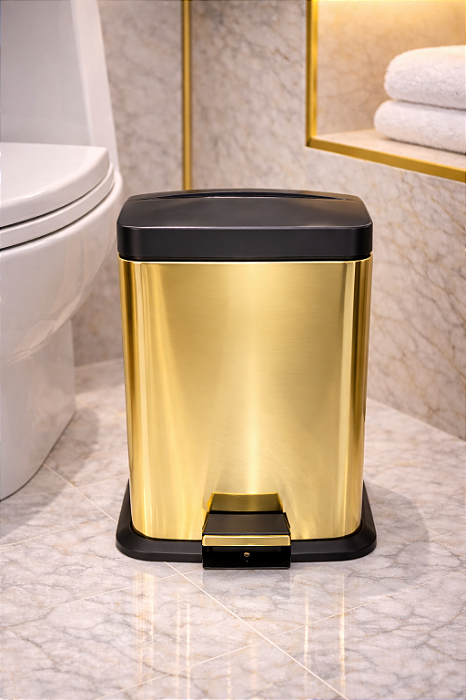 Kit Hera 2 Lixeiras Quadradas Douradas Foscas e Pretas em Aço Inox e Plástico com Pedal