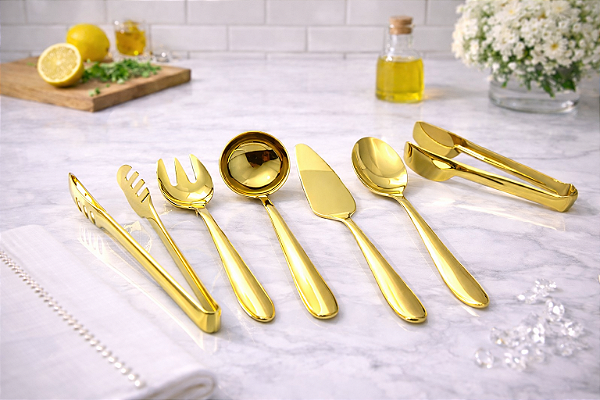 Conjunto de Utensílios Versalhes 7 peças Dourado em Aço Inox