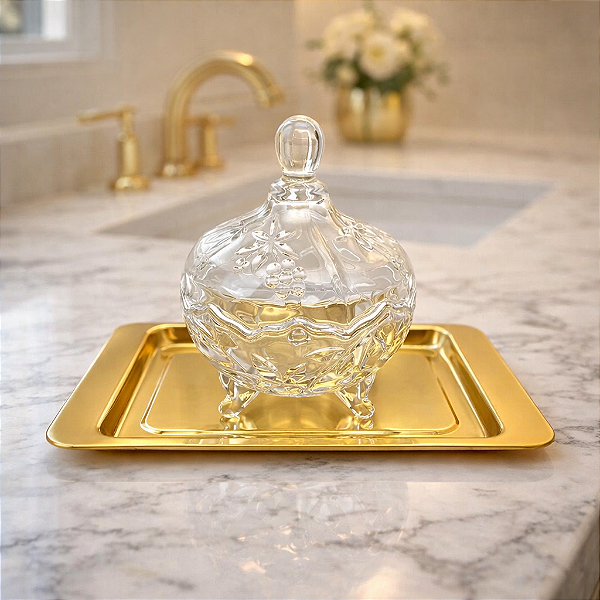 Kit Decoração de Luxo 2 peças Bandeja Dourada em Aço Inox e Vidro
