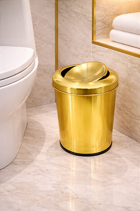 Lixeira Atena Redonda Dourada em Aço Inox com Tampa Basculante
