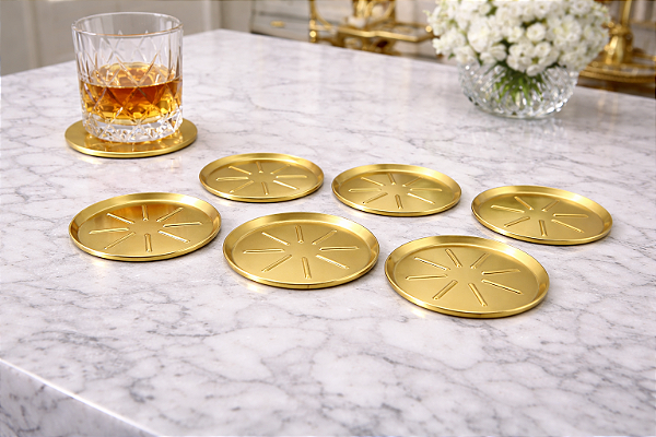 Conjunto de Porta-Copos Luxor 6 peças Dourado em Aço Inox