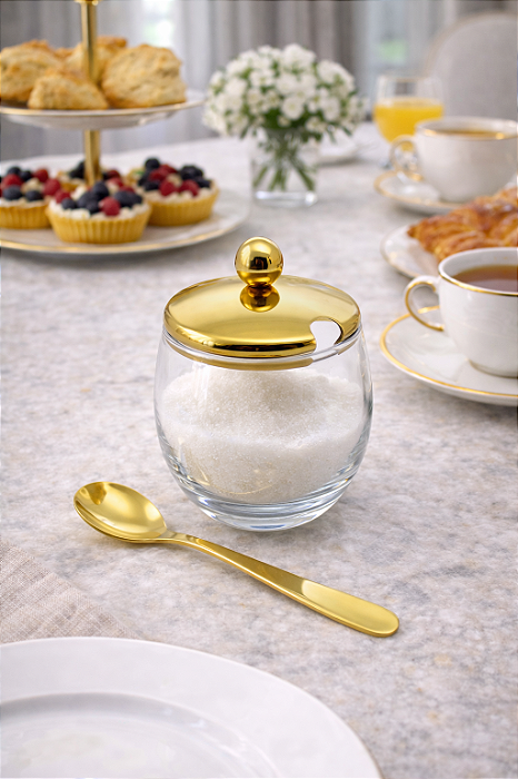 Açucareiro Luxor Dourado em Vidro e Aço Inox com Colher