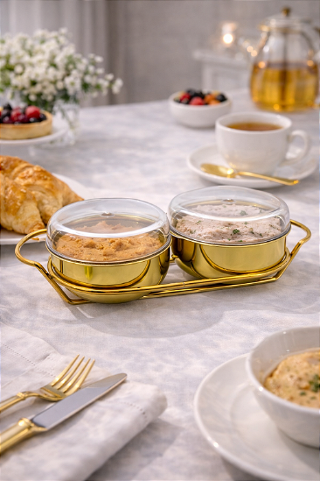 Conjunto para Patê Lena 3 peças Dourado em Aço Inox e Acrílico