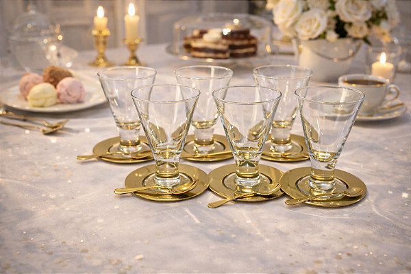 Conjunto de Taças para Sorvete Luxor 18 peças Dourado em Aço Inox e Vidro