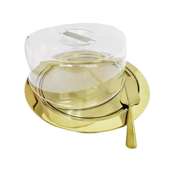 Conjunto para Bolo Luxor 3 Peças Dourado em Aço Inox e Acrílico