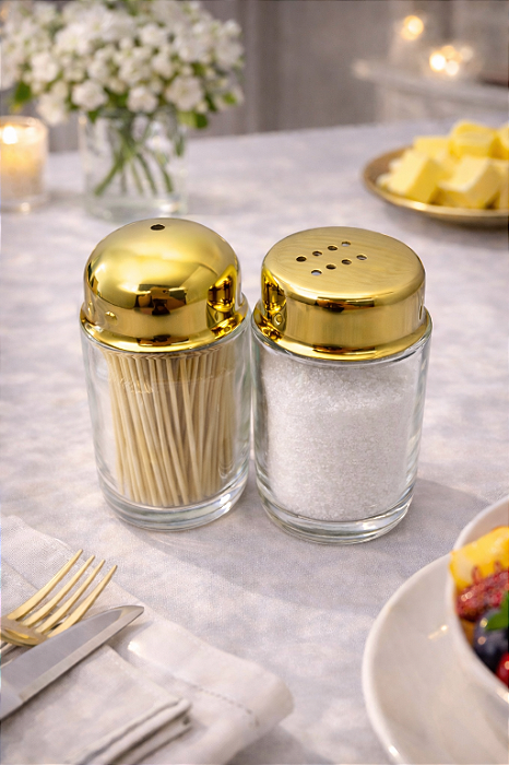 Conjunto de Saleiro e Paliteiro Luxor 2 peças Dourado em Vidro e Aço Inox