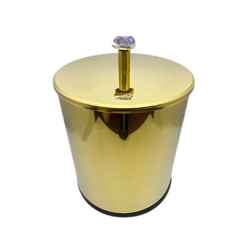 Lixeira Margot Crystal Redonda Dourada em Aço Inox com Tampa Pino e Cristal