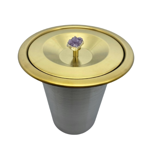 Lixeira Carolina Crystal Redonda Dourada em Aço Inox para Embutir com Tampa Pino e Cristal