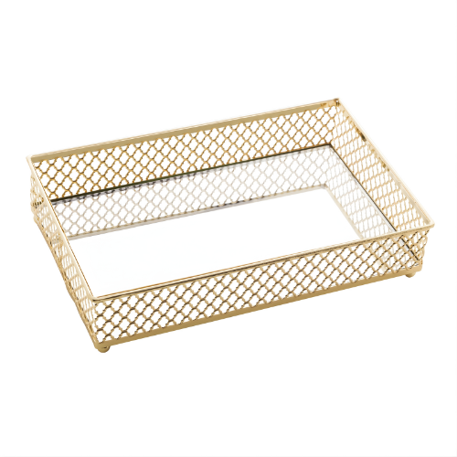 Bandeja Florence com Espelho Dourada em Vidro e Metal 21cmX13cm