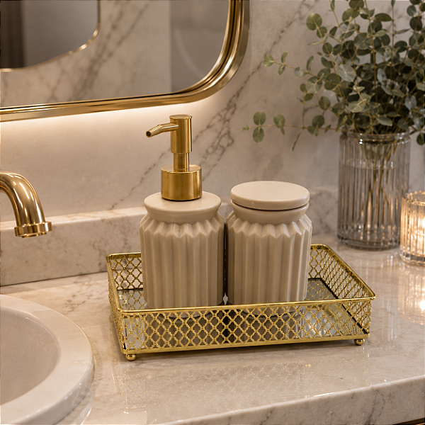 Kit Delicatta 3 peças Nude e Dourado em Cerâmica, Plástico, Metal e Vidro