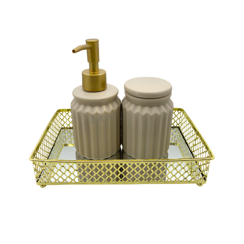 Kit Delicatta 3 peças Nude e Dourado em Cerâmica, Plástico, Metal e Vidro