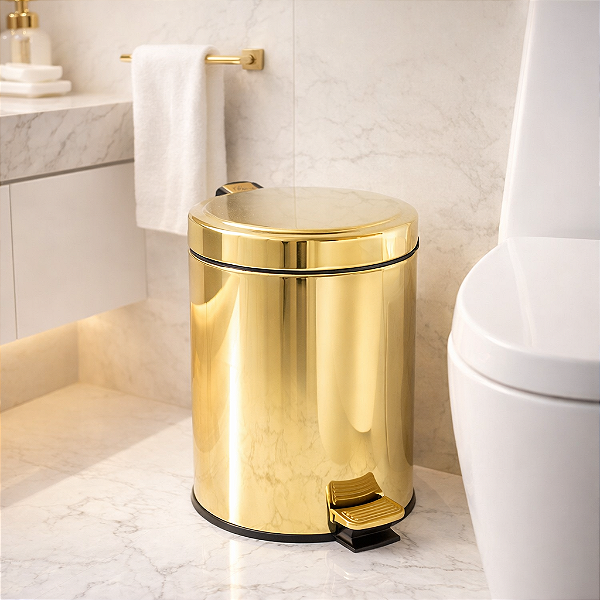 Lixeira Greta Redonda Dourada em Aço Inox com Pedal