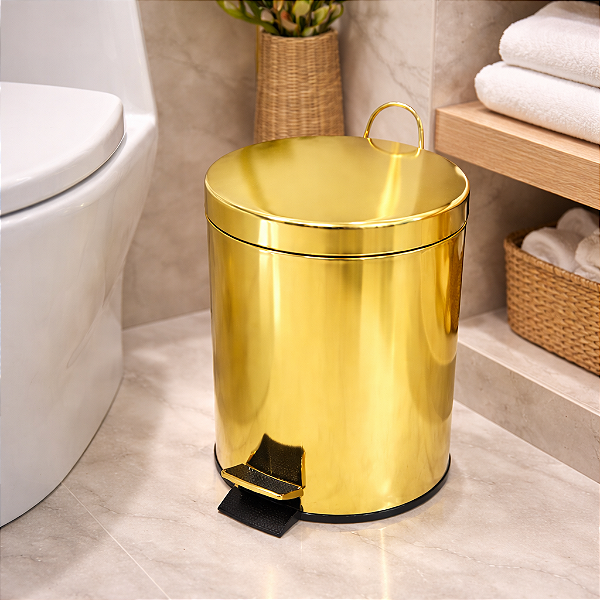 Lixeira Olivia Redonda Dourada em Aço Inox com Pedal